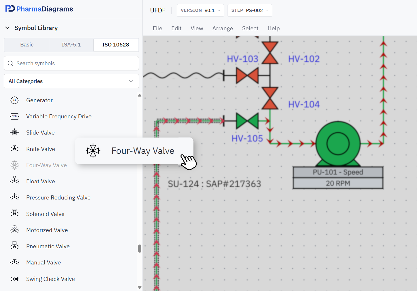Symbol palette with ISA-5.1 symbols